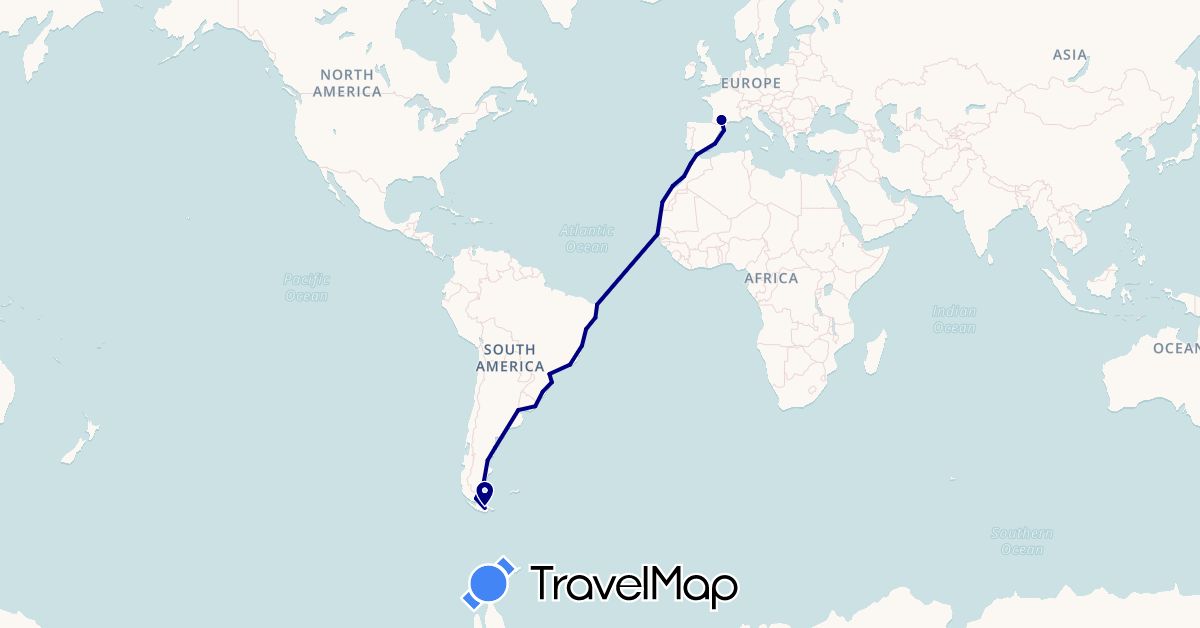 TravelMap itinerary: driving in Argentina, Brazil, Chile, Spain, France, Morocco, Senegal, Uruguay (Africa, Europe, South America)